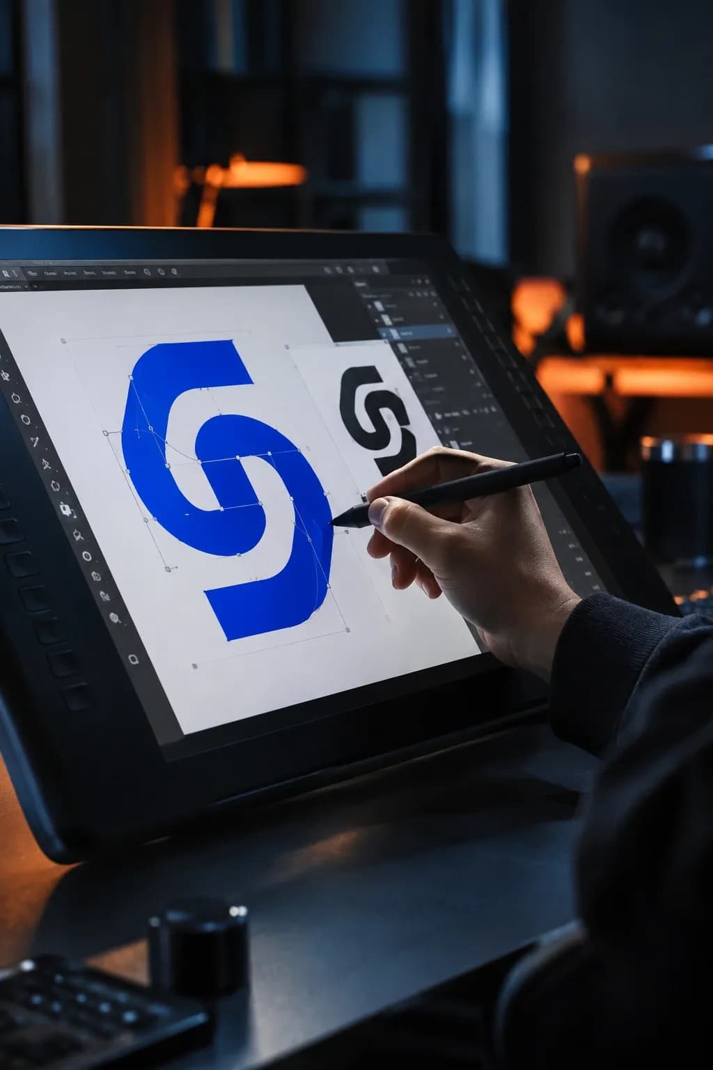 Hand ritar en blå logotyp på en ritplatta kopplad till en dator